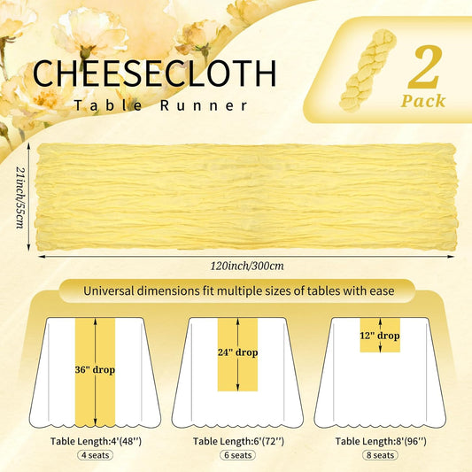 2 Pack Cheesecloth Table Runner 10FT Light Yellow Table Runner Boho Gauze Cheese Cloth Table Runners Long Rustic Sheer Table Decorations for Wedding Party Baby Bridal Shower Birthday Holiday Home