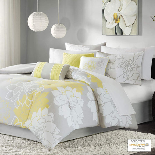 Lola Sateen Cotton Comforter Set-Casual Medallion Floral Design All Season Down Alternative Bedding, Shams, Bedskirt, Decorative Pillows, Queen(90"x90"), Grey/Yellow, 7 Piece