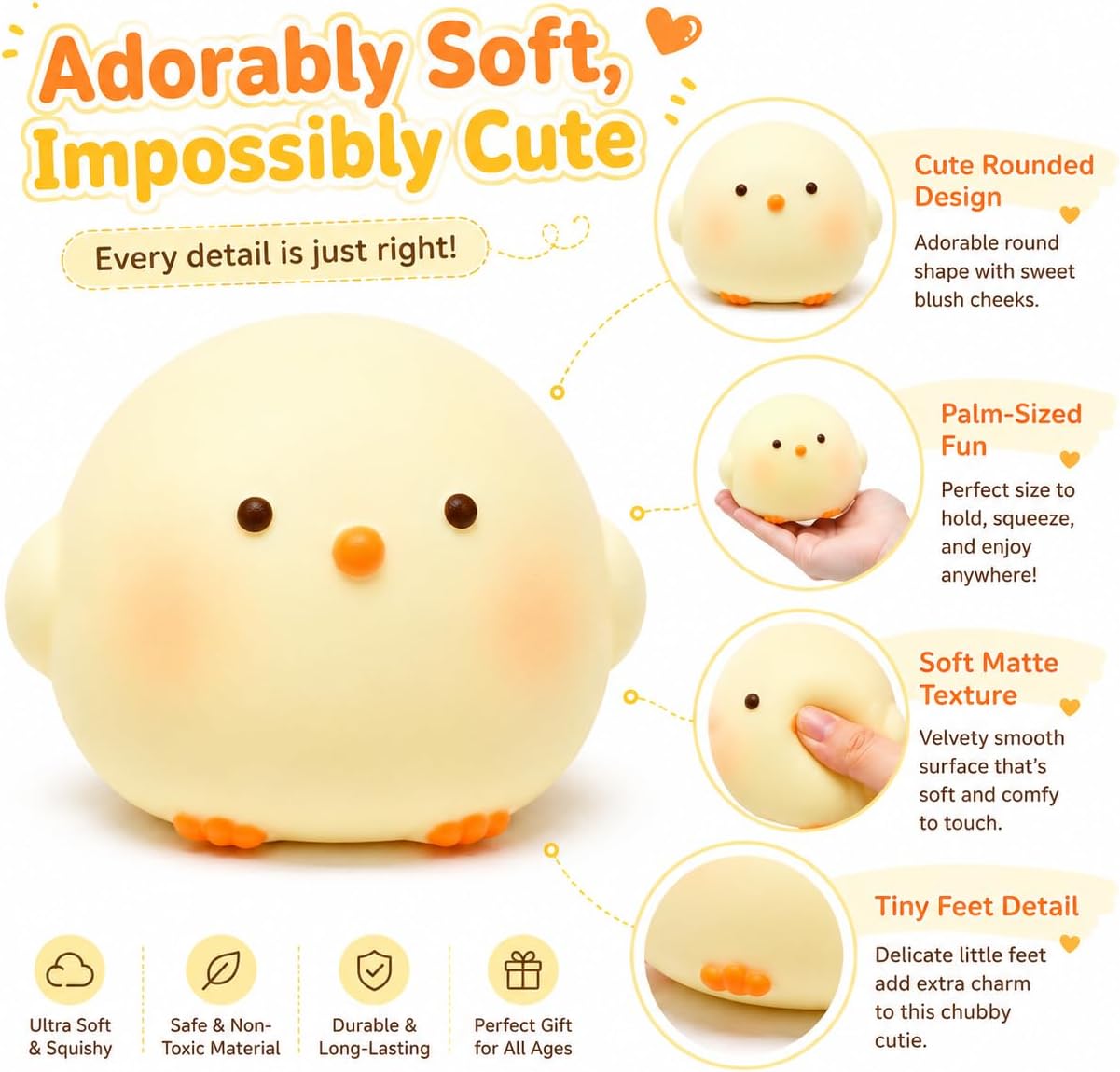 Cute Chick Squishy Toy, 1PACK Soft Slow Rising Squeeze Figure, Yellow Kawaii Animal Fidget Toy for Desk Decor, Party Favor, Small Gift, One Piece