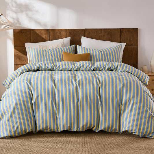 Blue & Yellow Striped Comforter Set Queen Size, 100% Cotton Linen Like Textured Comforter with Ribbon Stripes, Soft Lightweight Reversible Comforter for All Seasons