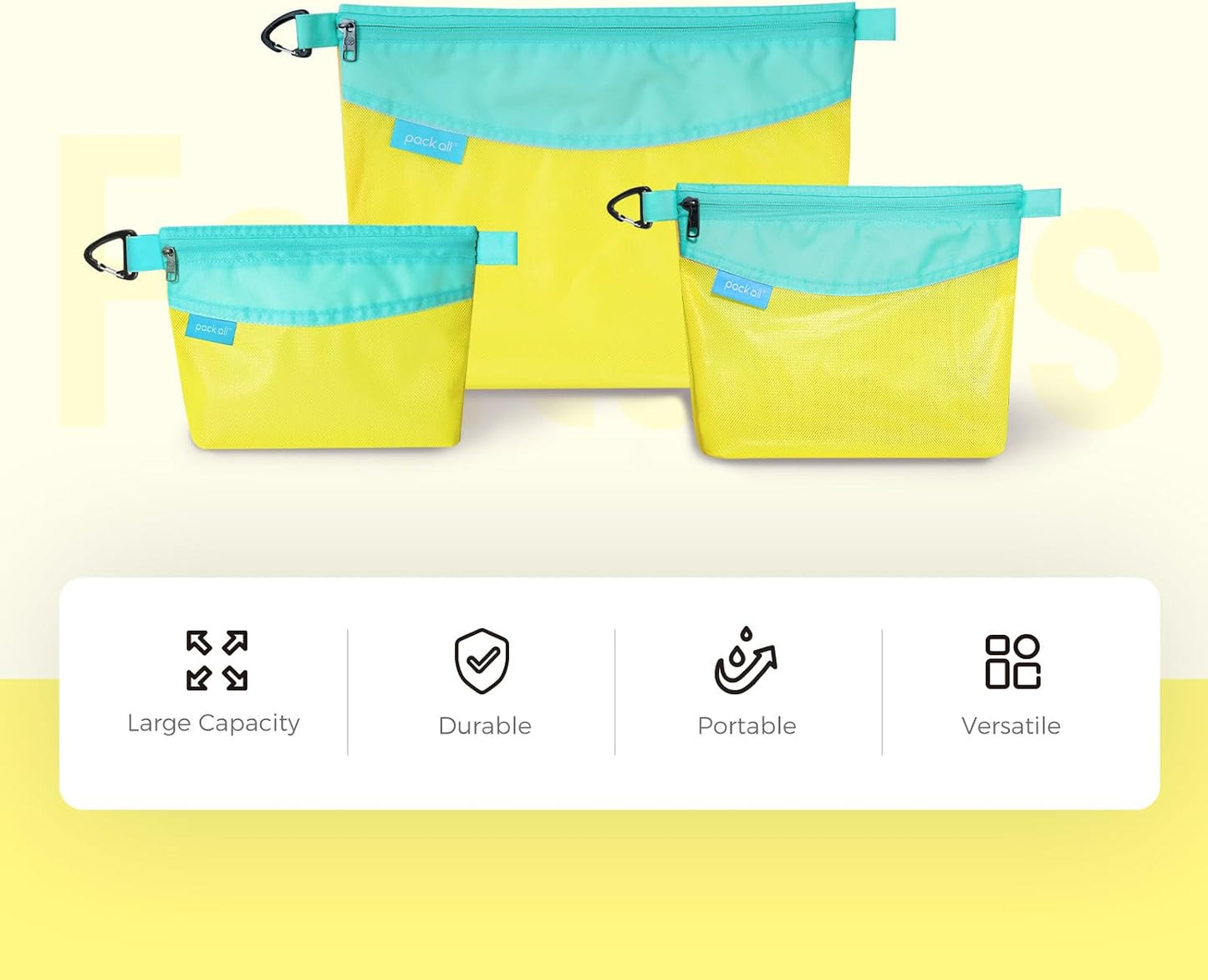 3 Pcs Water-Resistant Zipper Pouch, Mesh Zipper Bag | Quick-View Mesh, Hanging Buckle, Ideal for Travel, Office Storage & Organization, Yellow, Set