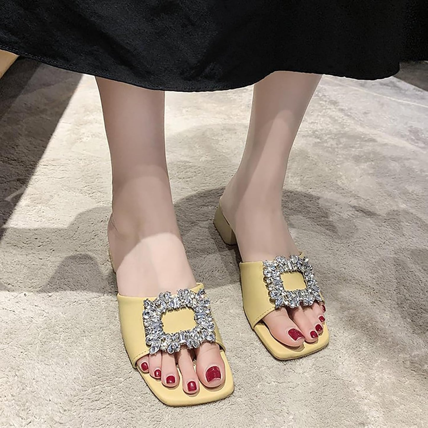 Women's Leather Square Rhinestone Block Heel Mules Sandals Fashion Square Open Toe Low Block Heel Slides Sandals for Party Wedding Dress Shoes