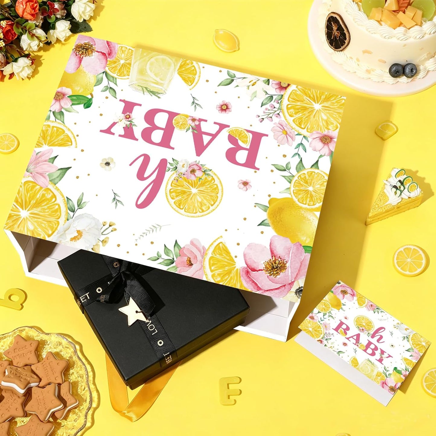Oh Baby Gift Bag with Yellow Tissue Paper and Card - Watercolor Lemon Pink Floral Baby Shower Wrapping Gift Bag - Summer Citrus Theme 1st Birthday Present Sack for Girls Boys Mom to Be