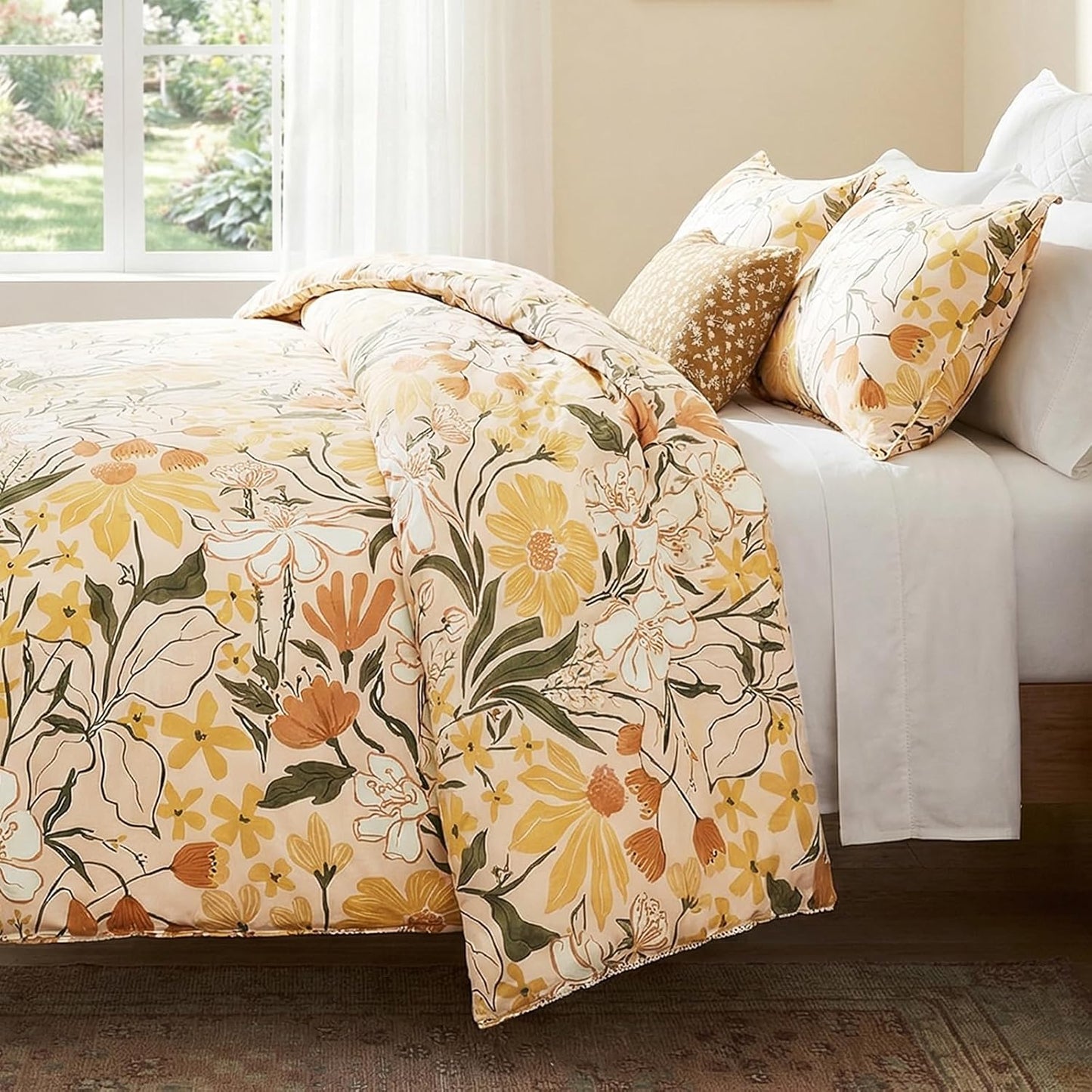 Cotton Queen Duvet Cover Set Yellow Floral Bedding Set 3 Pcs Breathable & Durable Duvet Cover with Zipper Closure Green Leaf Orange Flower Comforter Cover Set French Country Style