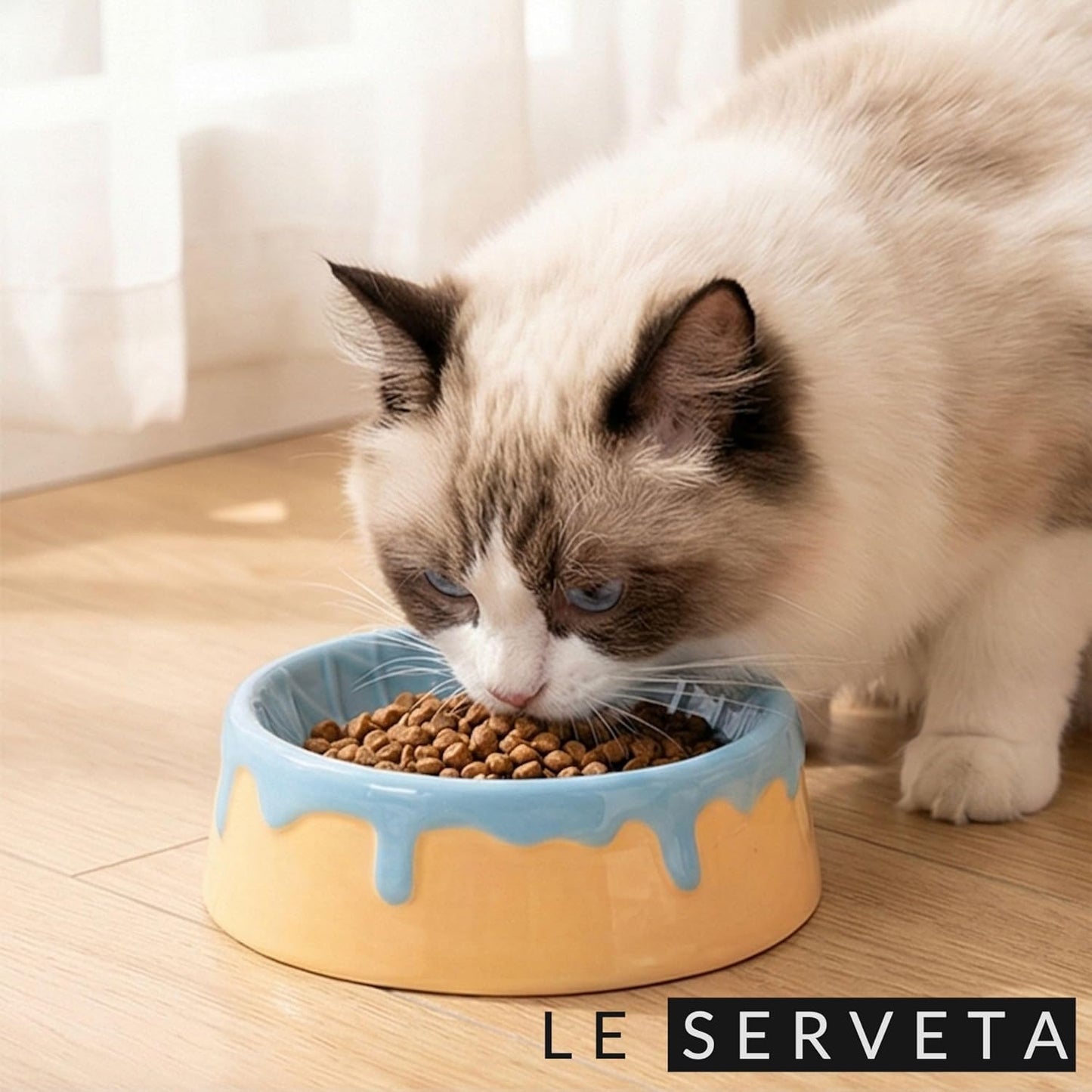 Dripping Ice Cream Cake Pet Bowl, Ceramic Food and Water Dish with Decorative Design, Pink Blue Green Colors (Blue&Yellow)