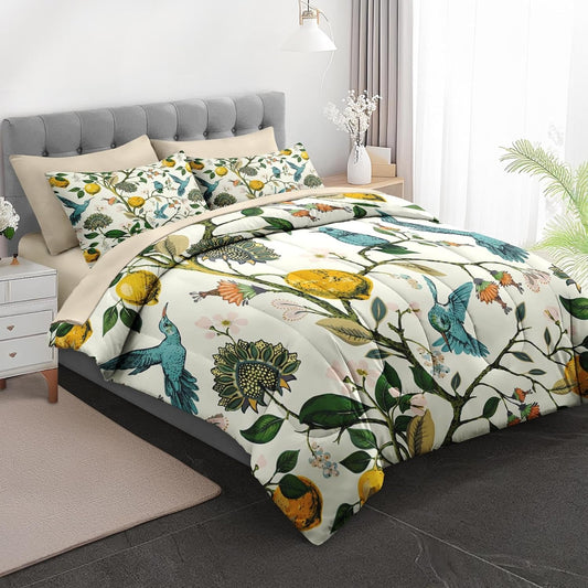 Comforter Set Queen Size, Lemon Hummingbird Botanical 7 Pcs Bedding for Kids and Adults, Chinoiserie Vintage Bed Sheet Sets with Fitted Sheet 2 Pillowcases & 2 Shams for Bedroom Bed Decor
