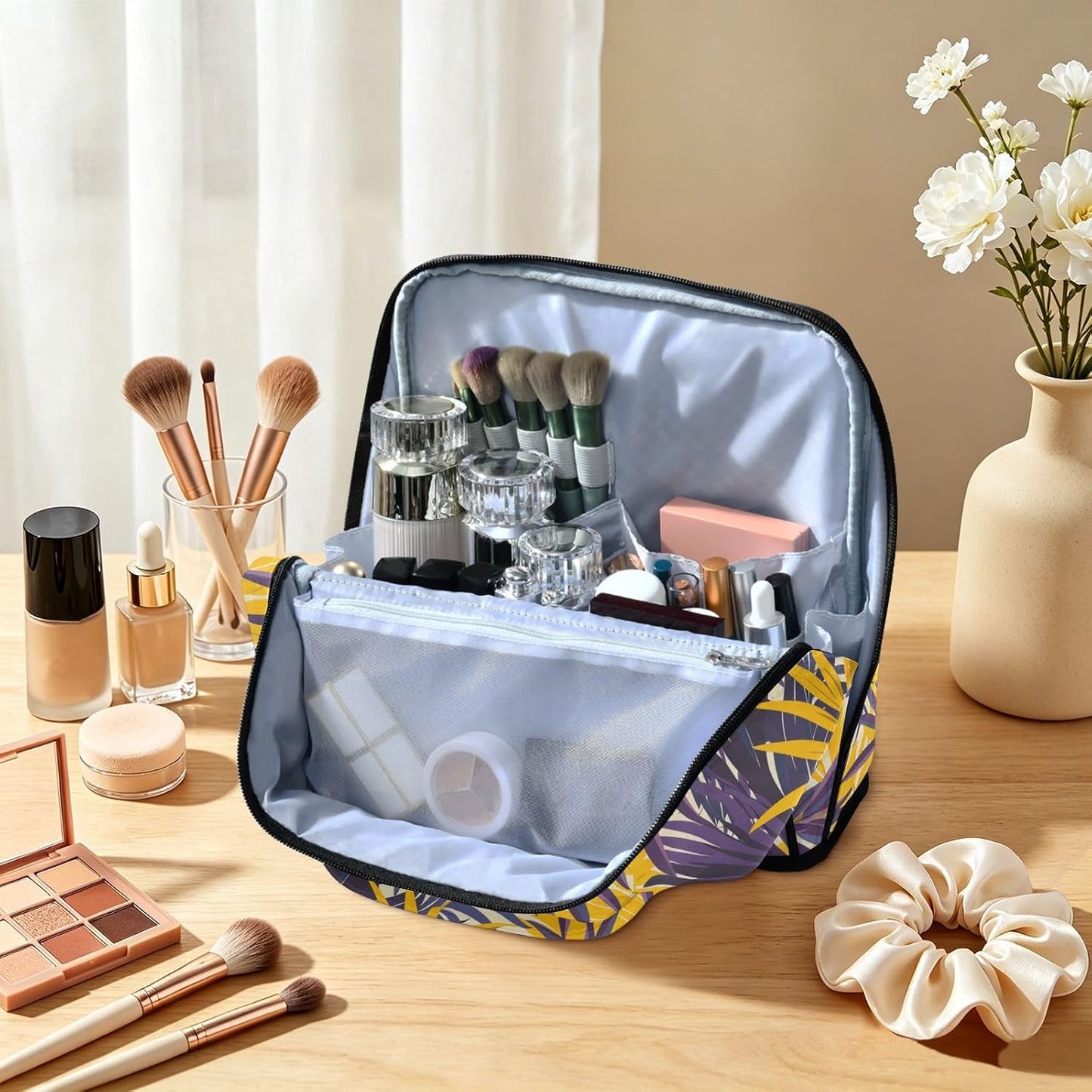 Designed Toiletry Bag Purple Yellow Palm Leaves | with dividers ,Waterproof Cosmetic Bags For Women Travel,Phone/Mirror Holder