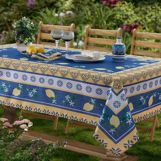 Rectangle Fabric Tablecloth, 60 x 84 Inch, Blue Lemon Garden, Indoor Outdoor Stain and Water Resistant Fabric Table Cloth, Mediterranean Orchard