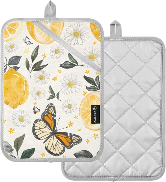 Lemons Flowers and Butterflies 2 Pack Pot Holders for Kitchen, Heat Resistance Oven Mitts and Potholder Sets, Oven Hot Pads for Man Women Home Cooking