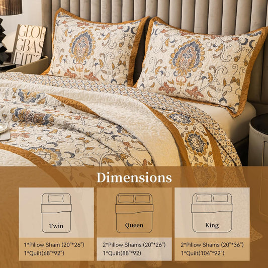 Bohemian Twin Size Comforter Quilt Sets -2 Pieces Red Quilts (1Quilt,1 Pillow Shams) with Reversible Bedspreads Bohemian Patchwork Bedding Set Sleep Companion(Yellow)
