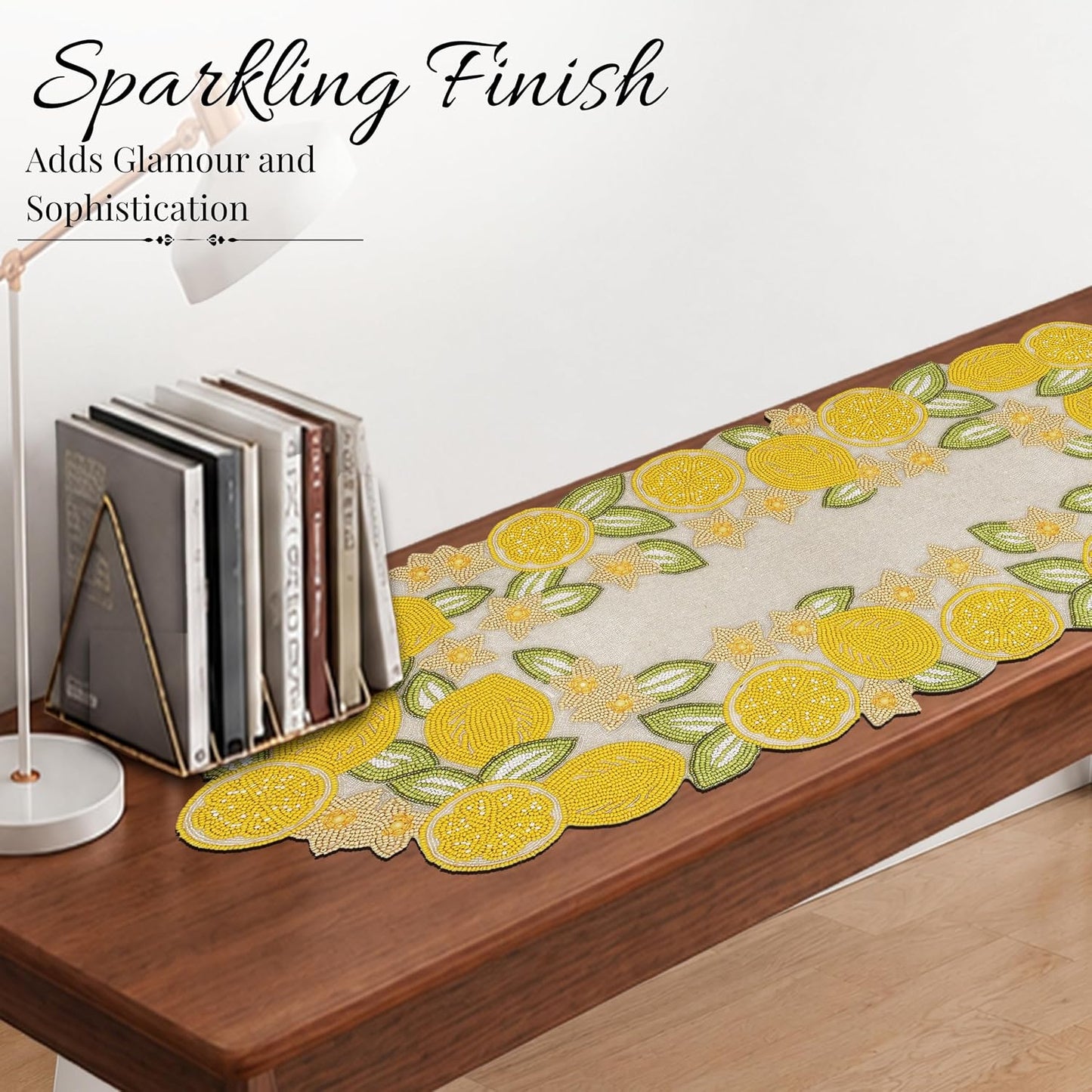 Beaded Table Runner 13x36 Inch Beaded Runner - Premium Glass Beads & Polyester Ideal for Wedding Home Décor Christmas & Family Gathering (Yellow Light Green)
