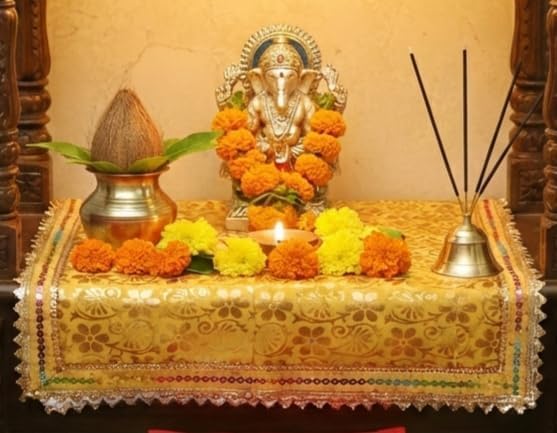 Yellow Pooja Aasan Cloth 40x40 Inch, Golden Floral Printed Chowki Cloth with Lace Border, Puja Altar Cloth for Home Mandir and Temple