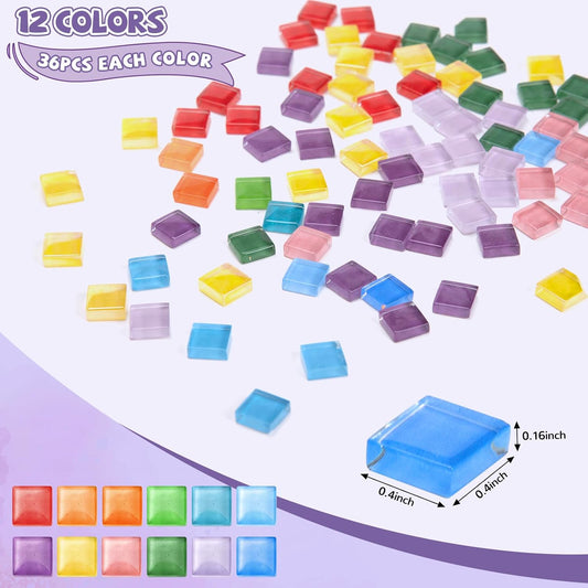 432 pcs Glass Mosaic Tiles 12 Colors 10mm Glass Pieces with Storage Box | Transparent Mosaic Tiles for Crafts Bulk, Mosaic Supplies for Home Decoration, Art Crafts
