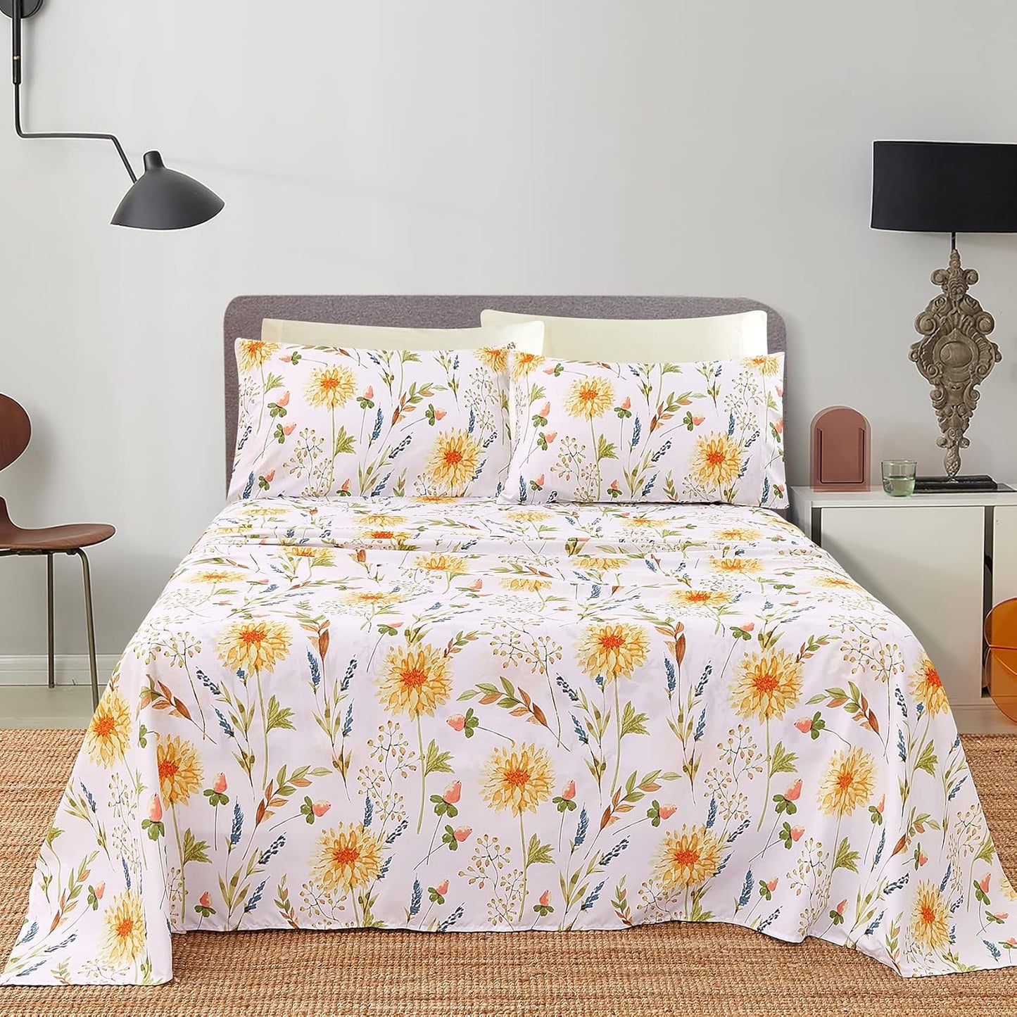 Boho Floral Printed Twin Sheet Set Extra Deep Pocket | 3 Piece Soft Botanical Microfiber Sheets, OEKO-TEX Certified, Easy Care