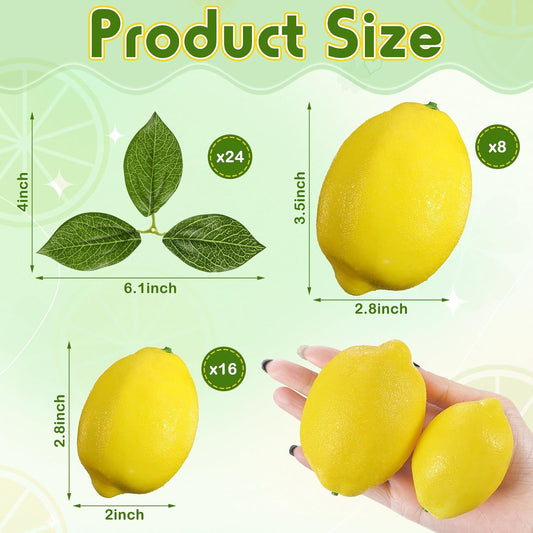 24 Pcs Fake Lemons 3.5 Inch and 2.8 Inch Yellow Artificial Lemons, 24 Pcs Faux Lemon Leaves Lifelike Simulation Fake Lemon Decor for Home Kitchen Table Cabinet Holiday Party Photography Props