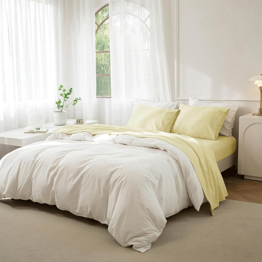 JIYUAN Twin 3-Pc Washed Cotton Sheet Set, Relaxed Linen Feel | deep pocket fitted sheet, flat sheet & 1 pillowcase, breathable comfort, machine washable, Solid Light Yellow