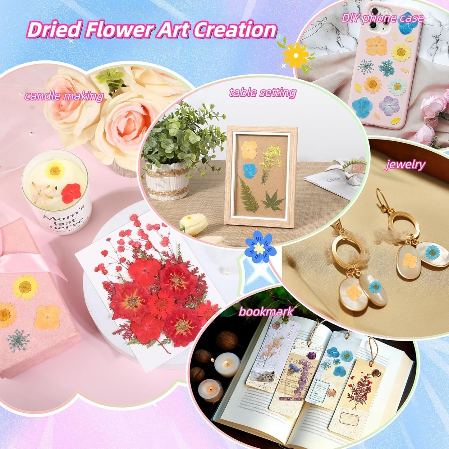 4 Packs Dried Pressed Flowers for Resin, Natural Dried Flowers for Crafts, Real Pressed Flowers Dry Leaves Bulk for Epoxy Resin Jewelry,Scrapbook,Picture Frame,Bookmarks,Candle & Soap Making