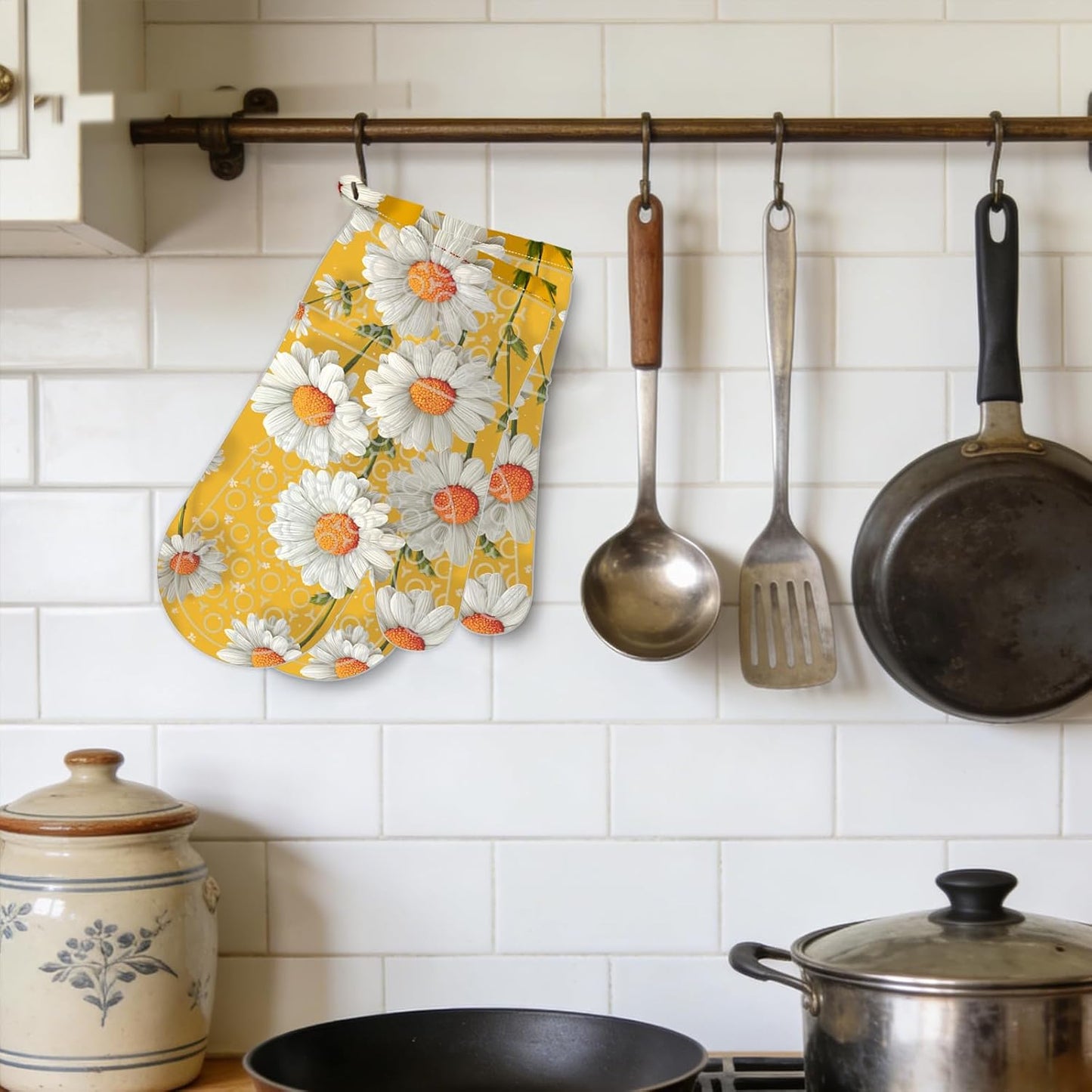 Oven Mitts Oven Gloves Silicone 18.5 * 29cm 2Pcs - Heat Resistant Silicone Oven Mitts, Kitchen Gloves with Daisy Floral Print (Yellow Background) - Home Kitchen, Bright-Themed Events