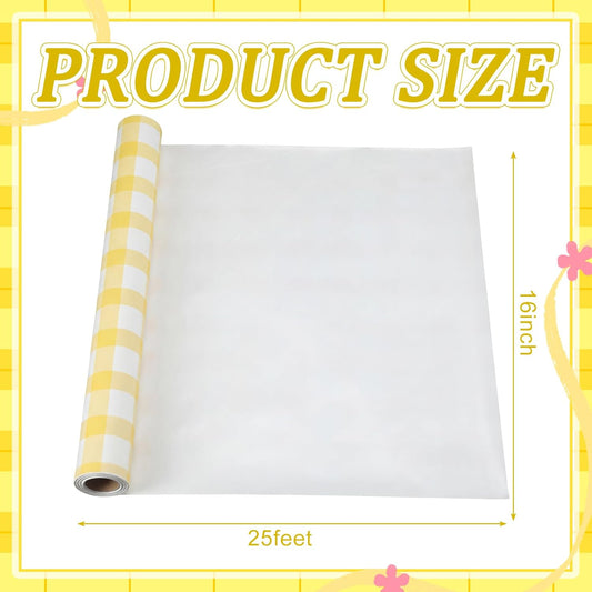 Yellow White Gingham Paper Table Runner Roll 25' Long x 16" Wide Disposable Checkered Table Runner for Birthday Party Wedding Baby Shower Bridal Holiday Christmas Tabletop Home Decor