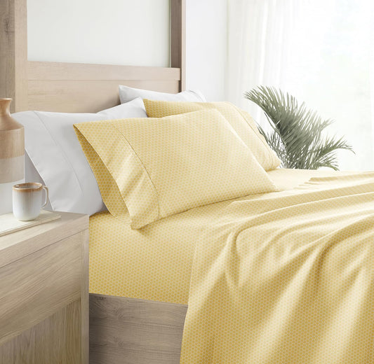 Patterned Microfiber Queen Sheet Set 4 Piece β Oeko-TEX Certified Ultra Soft & Wrinkle-Free - 16" Deep Pocket Sheets - Easy Care Queen Size - Honeycomb Yellow