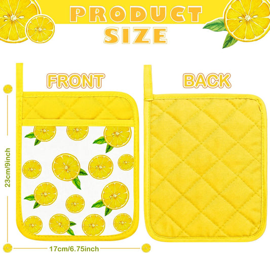 6 Pcs Pot Holders for Kitchen Heat Resistant Yellow Lemon Design Pot Holders with Hand Pockets and Hanging Loops Cotton Hot Pads Dual Function for Kitchen, Cooking, Baking, Grilling, Gifting