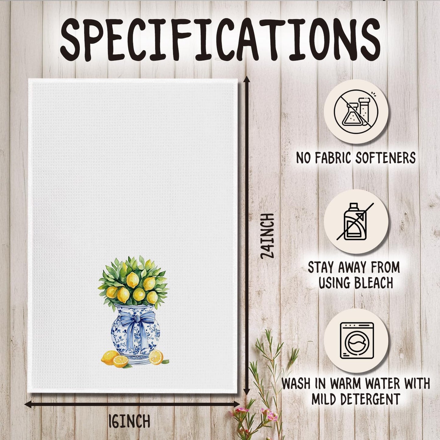 Chinoiserie Lemon Tree Blue Bow Kitchen Towels, Grandmillennial Lemon Dish Tea Towels, Blue and White Porcelain Lemons Decorative Hand Towel for Kitchen Bathroom, 16x24 Inch Set of 2