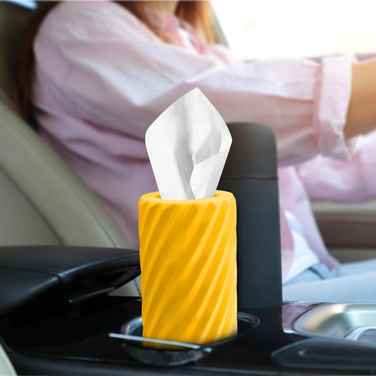 Car Tissue Holder, Refillable Round Cylinder with 3 Tissue Packs, Universal Fit for Vehicle Cup Holder, Home & Office, Car Accessories Interior (Yellow)
