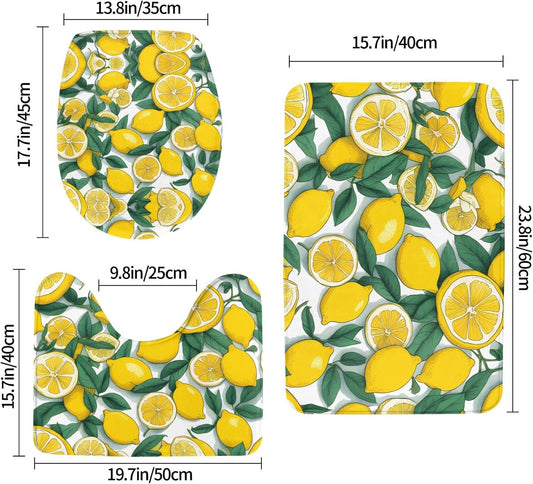Yellow Lemon Printed Anti-Slip Bathroom Rugs Set - 3-Piece Contour, Oval & Rectangular Mats for Toilet, Vanity & Restrooms