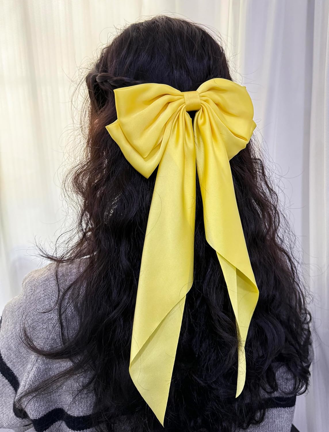 Hair Bows for Women,Yellow Bow Hair Clips for Girl Hair Bows Barrette Metal Clips Long Ribbon Hairpin Party Bows for Hair Ponytail Hair Styling Accessories 2pack