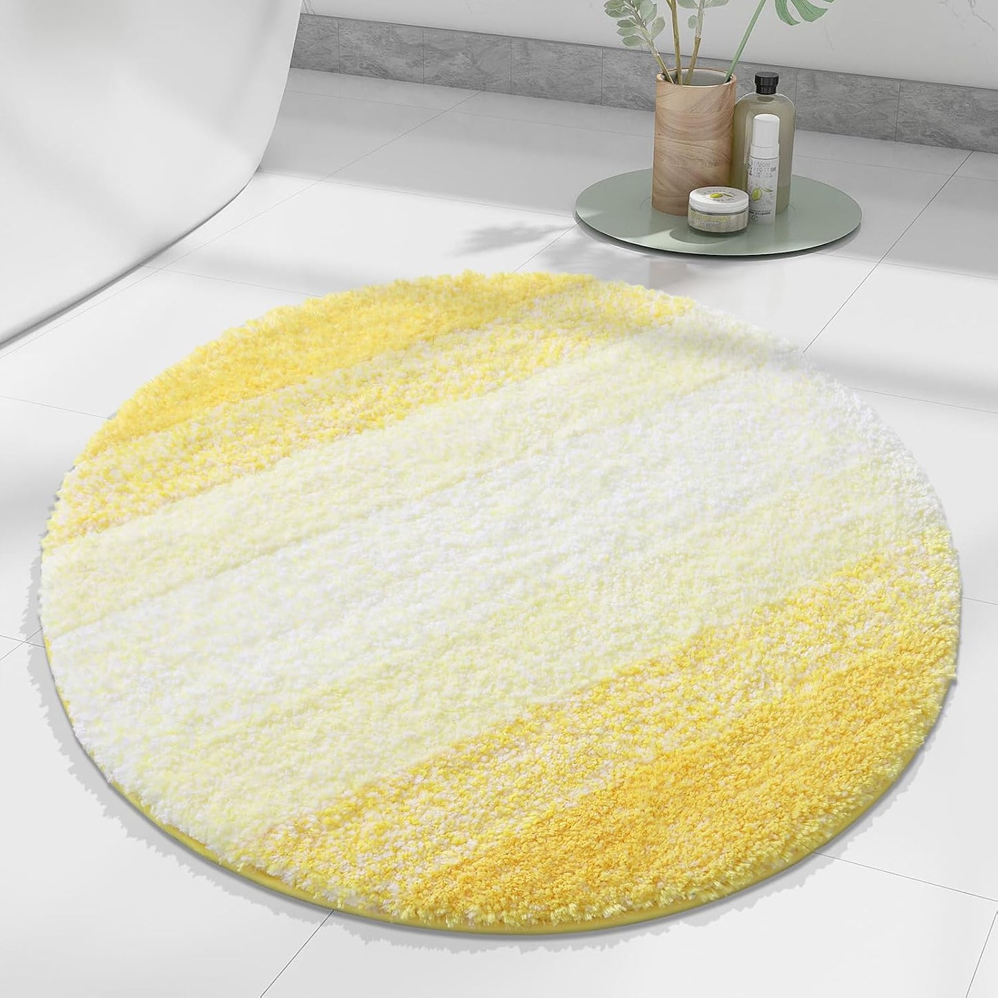 Microfiber Bathroom Rugs, Shaggy Soft and Absorbent Bath Rug, Thick Plush Machine Washable Dry Bath Mats for Bathroom, Tub and Shower, 24x24, Yellow, Round