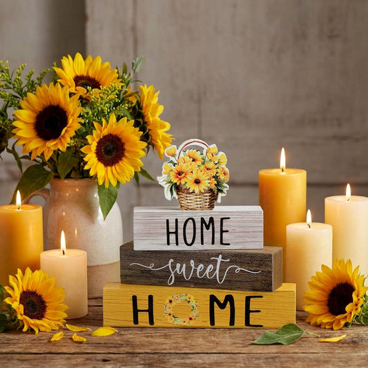 4 Pcs Farmhouse Wooden Tabletop Decor Yellow Sunflower Summer Rustic Tiered Tray Decor Home Sweet Home Table Centerpiece for Kitchen Decoration Gifts Fireplace Mantel Floating Shelf