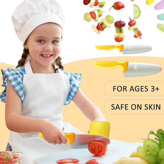 4 Pcs Kids Knife Set - Round Tip, BPA-free Stainless Steel Chef Knife for Real Cooking (Yellow)