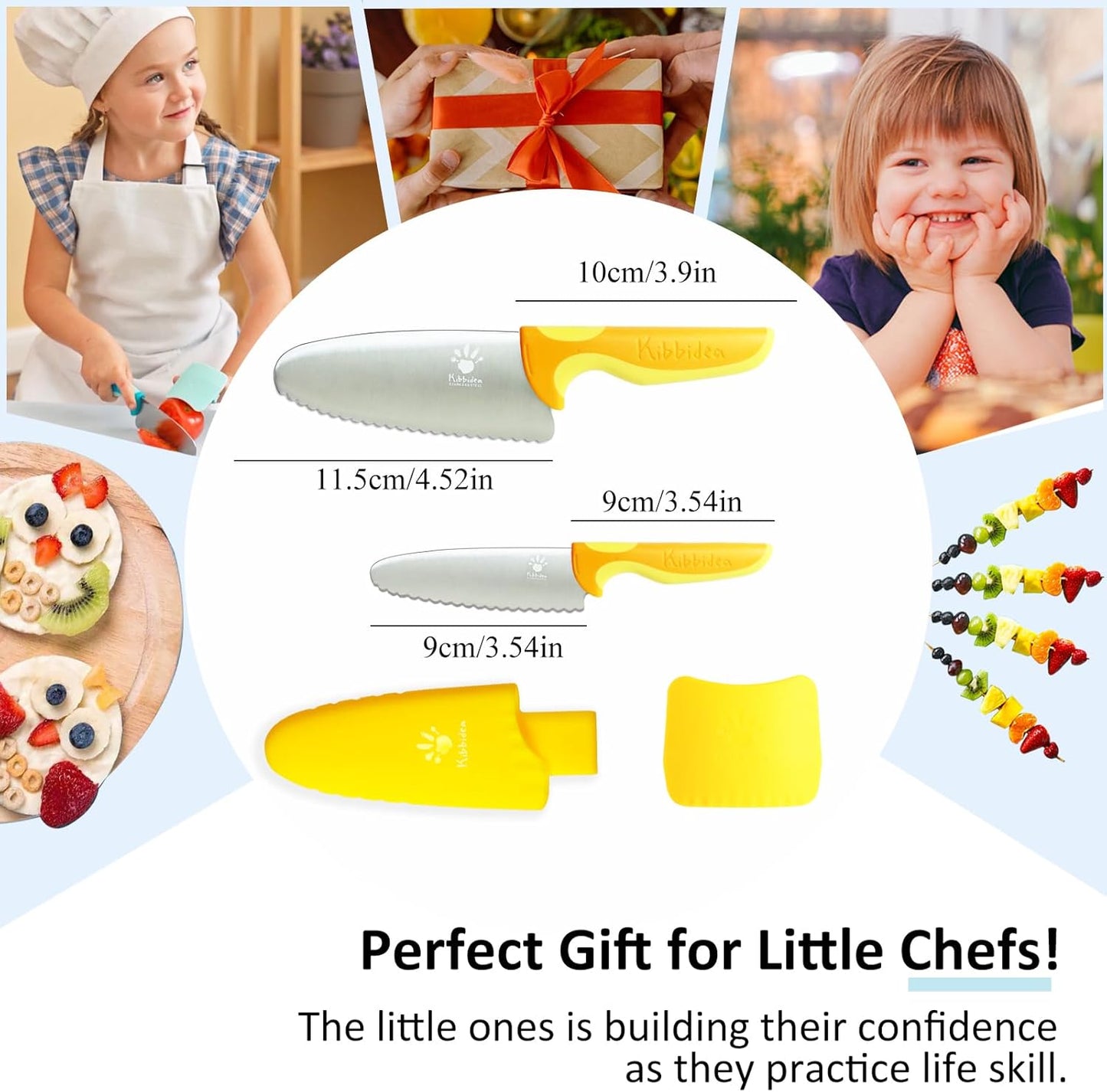 4 Pcs Kids Knife Set - Round Tip, BPA-free Stainless Steel Chef Knife for Real Cooking (Yellow)