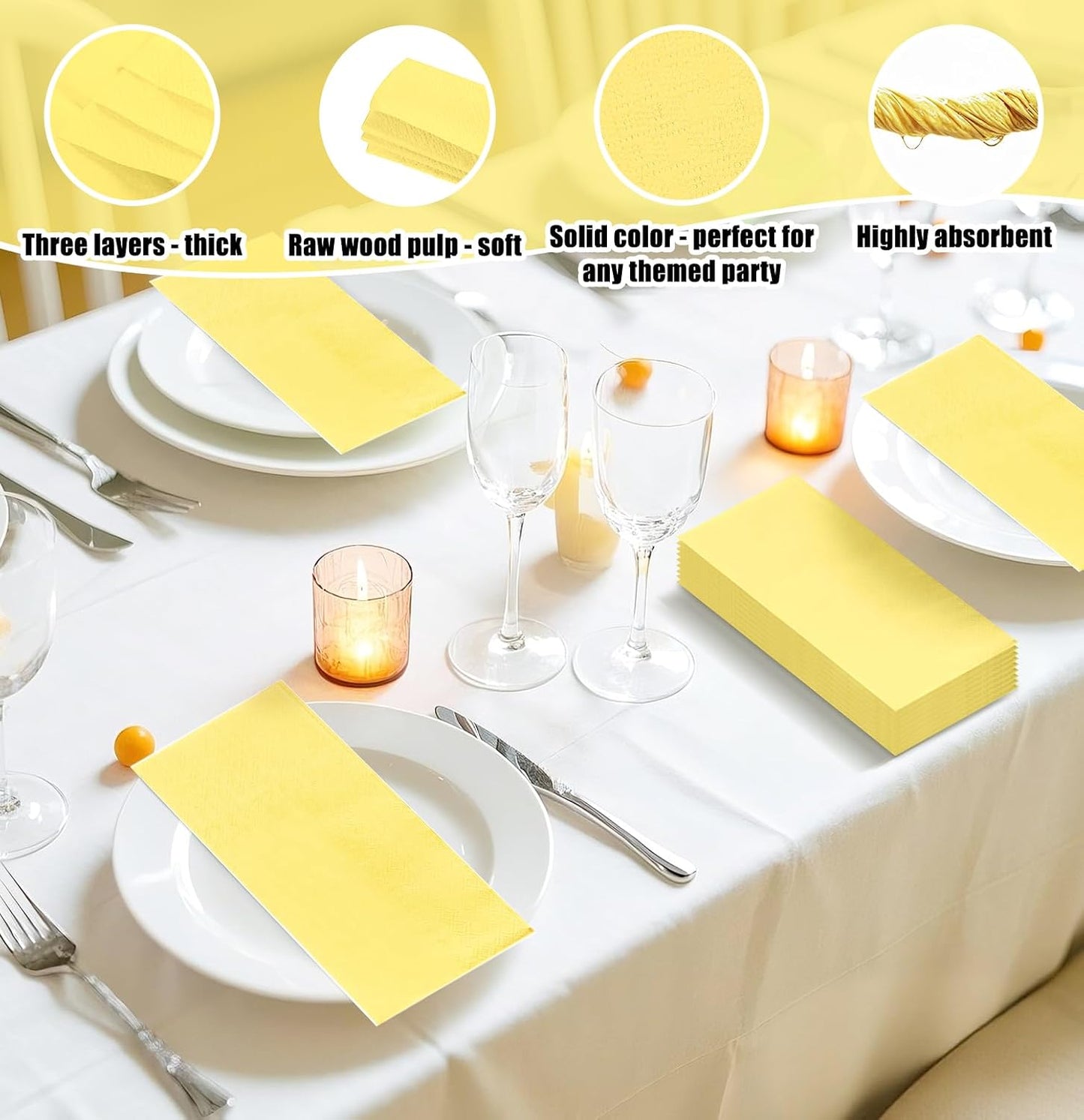 50 Pieces Yellow Dinner Napkins 3-ply Guest Bathroom Napkins Disposable Hand Towels for Bathroom Wedding Birthday Party Yellow Paper Dinner Napkin