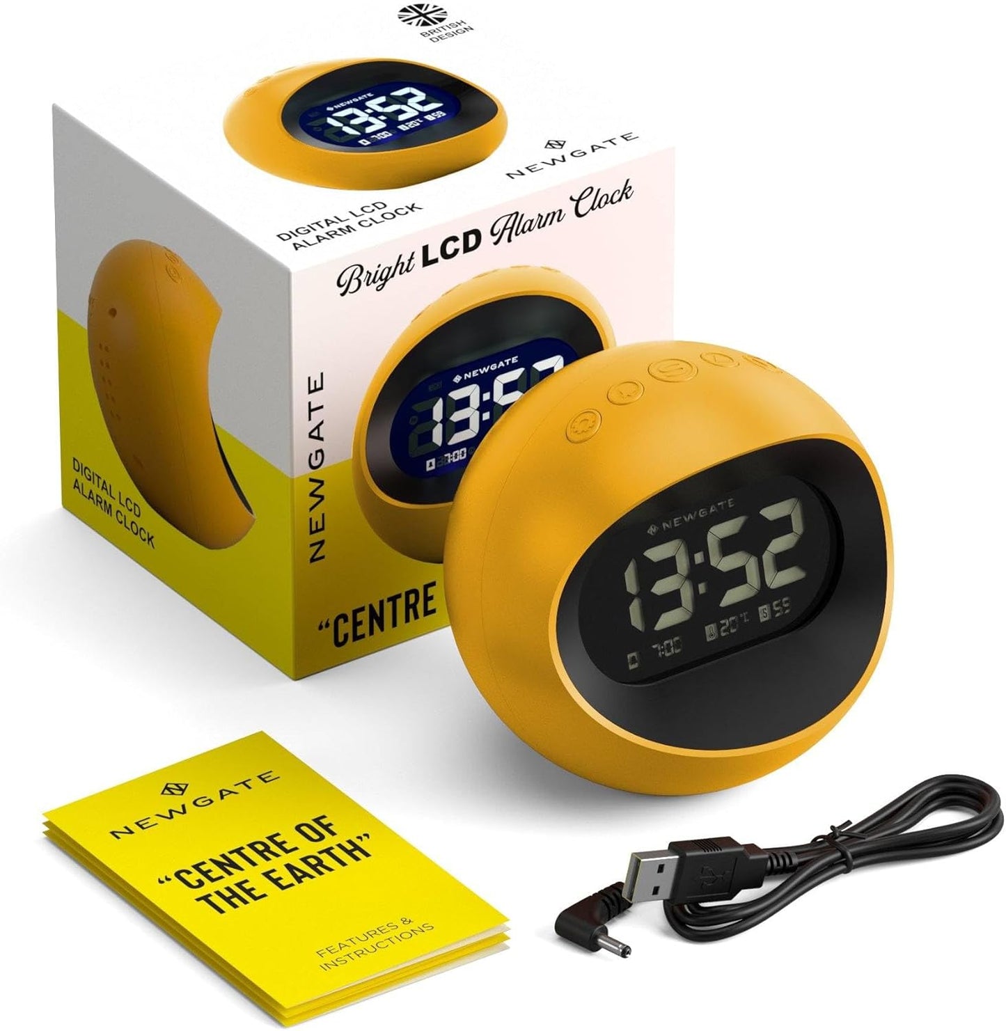 ® Centre of the Earth Alarm Clock | Round Retro Digital LCD Clock | Yellow | Ideal for Bedside, Desk or Shelf | Retro Bedroom & Office Accessory