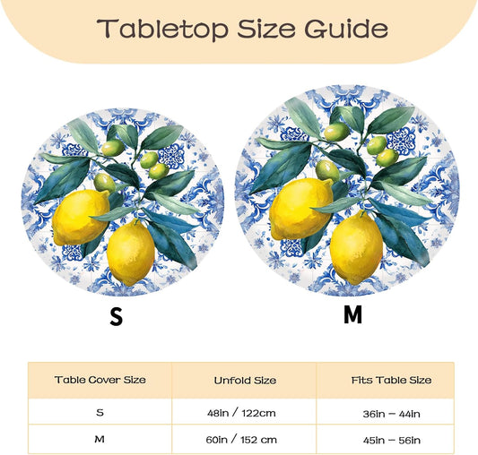 Round Fitted Tablecloth with Elastic Outdoor Tablecloth for 45" - 56" Tables Waterproof Round Table Cover for Indoor Dinner, Picnic, Camping (Summer Lemon)