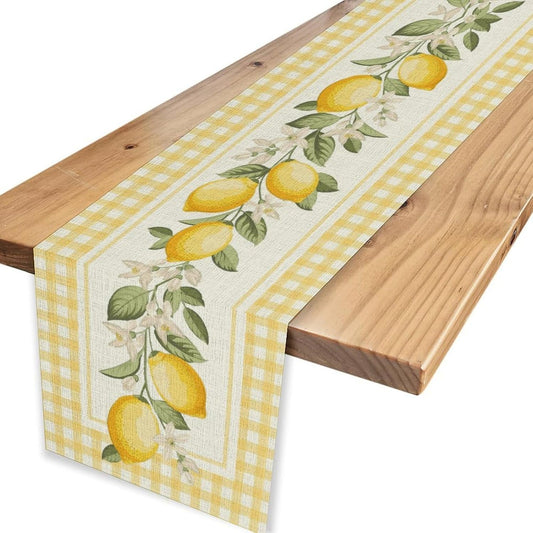 Lemon Table Runner, Watercolor Floral Summer Fruit Yellow Buffalo Plaid Boho Farmhouse Seasonal Coffee Table Center Decor for Home Kitchen Dining Patio Holiday Party Table Decorations 13x36 inches