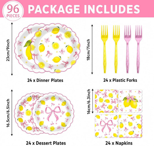 96pcs Pink Bow Lemon Scalloped Plates Napkins Set Lemon Summer Tableware