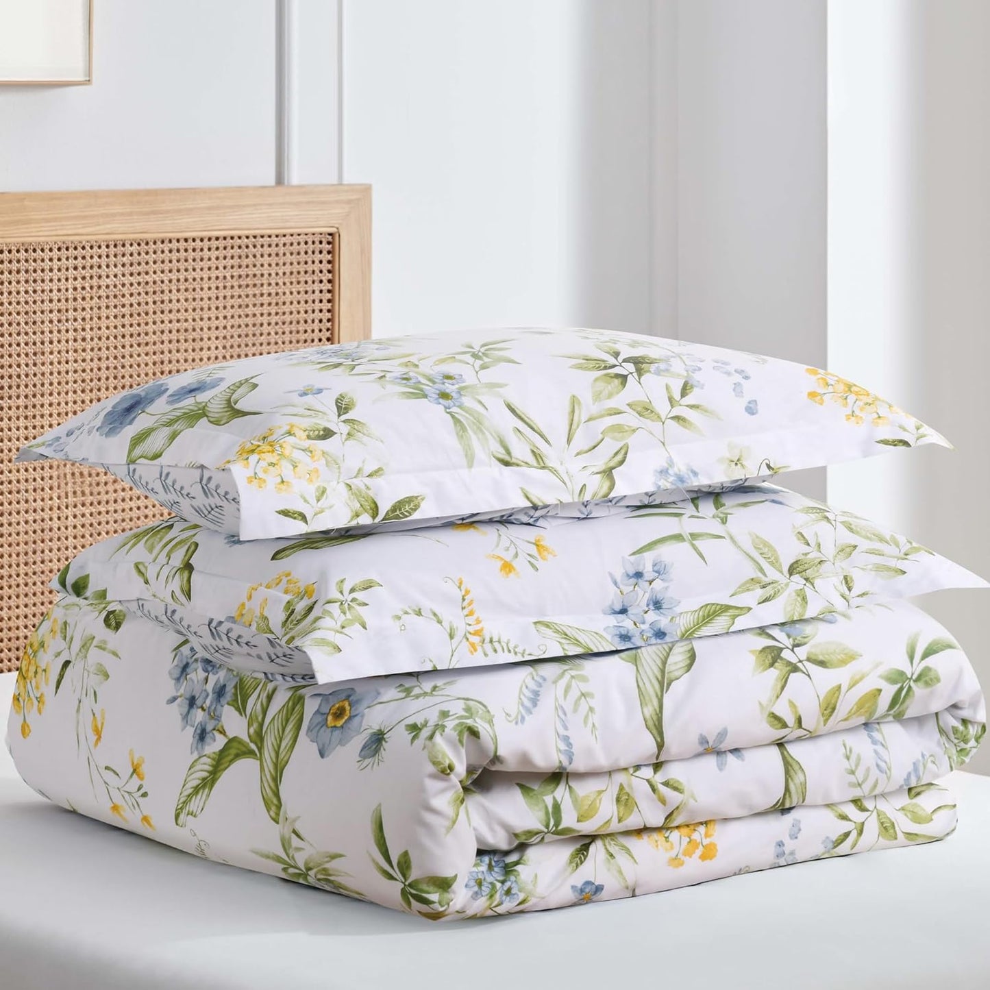 Viviana Blue Reversible King/Cal King Comforter Set (106x94in) with 2 Pillowcases (36x20in) - Floral - Blue, Green, Yellow, White - 100% Cotton King Size Comforter Set - Soft, Pre-Washed