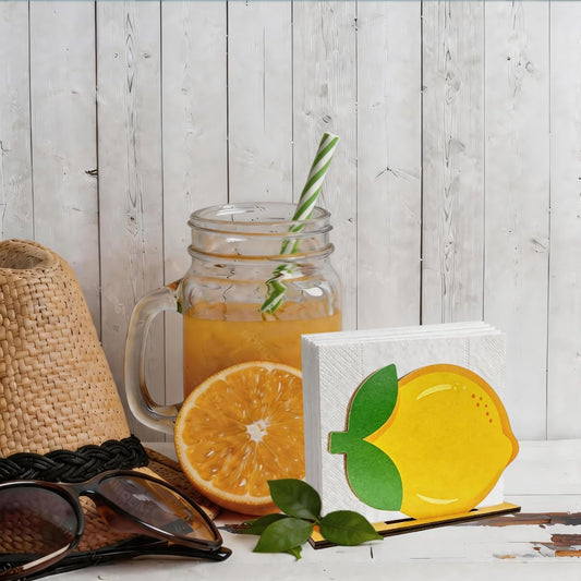 Lemon Napkin Holder, Wooden Summer Fruit Table Centerpiece Freestanding Tissue Dispenser for Cottagecore Kitchen Dining Room Decor