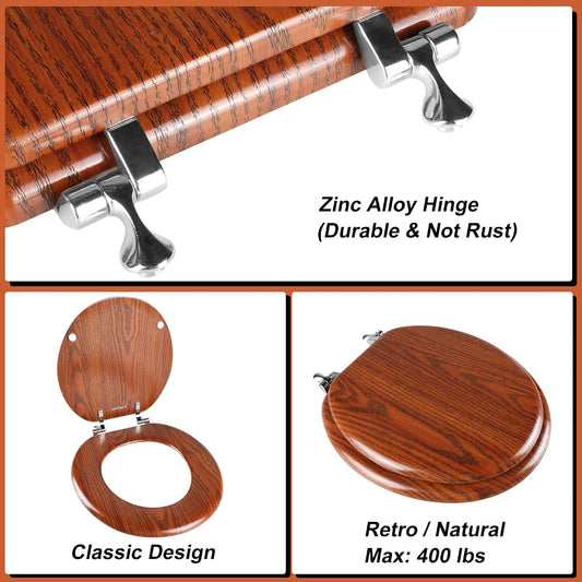 Round Toilet Seat Molded Wood Toilet Seat with Zinc Alloy Hinges, Easy to Install also Easy to Clean, Anti-pinch Wooden Toilet Seat (Round, Brownish Yellow)