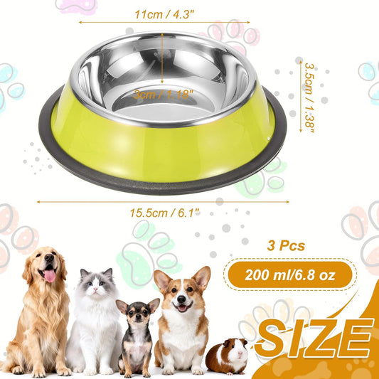 Stainless Steel Dog Bowl, Dog Food and Water Bowl with Silicone Base Anti-Slip Quiet Bottom Pet Feeding Dish,(6.8oz, Yellow, 3Pcs), Intended for Small/Medium/Large Puppies/Cat