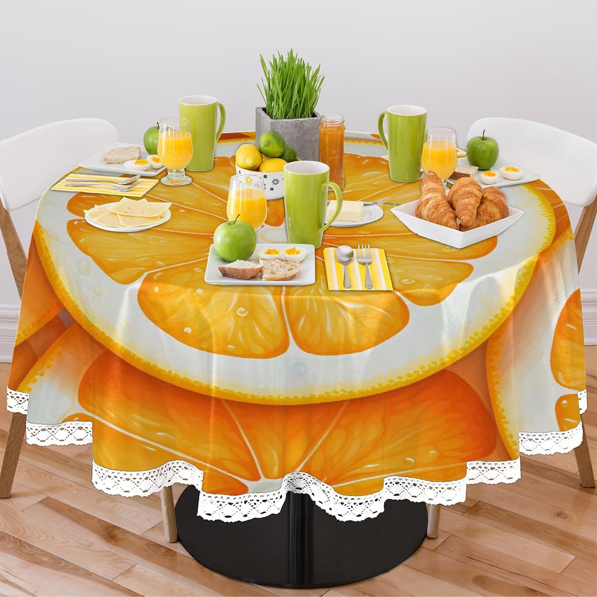 Round Table Cloth Orange Lemon Slice Pattern Waterproof Polyester Tablecloth Wrinkle Resistant Table Cover for Kitchen Party Home