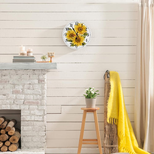 Round Wall Clock Battery Operated Clocks Wallclock 10 Inch,Yellow Sunflowers on White Silent Non Ticking Wall Clock for Living Room,Kitchen,Home,Bathroom,Bedroom,Office or School