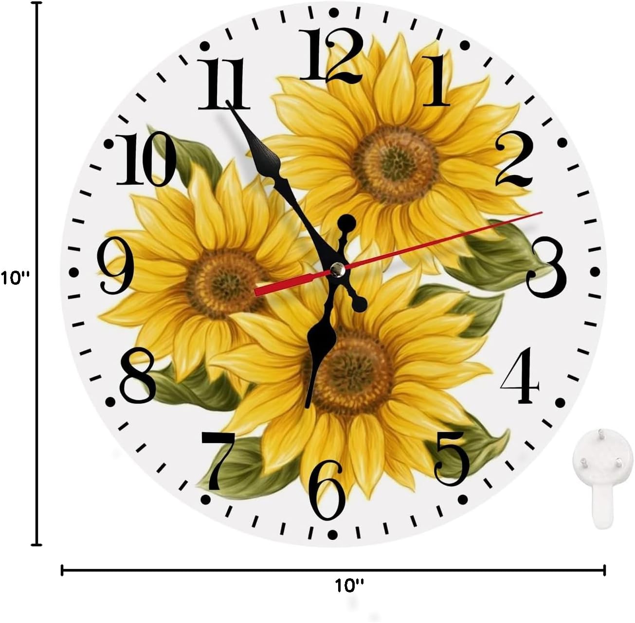 Round Wall Clock Battery Operated Clocks Wallclock 10 Inch,Yellow Sunflowers on White Silent Non Ticking Wall Clock for Living Room,Kitchen,Home,Bathroom,Bedroom,Office or School