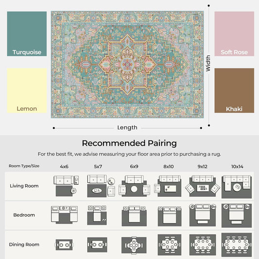 8x10 Washable Turquoise Teal Area Rugs with Vintage Orient Design Soft Rug for Living Room or Bedroom Non-Slip Low Pile Stain Resistance Features Distressed Medallion Pattern