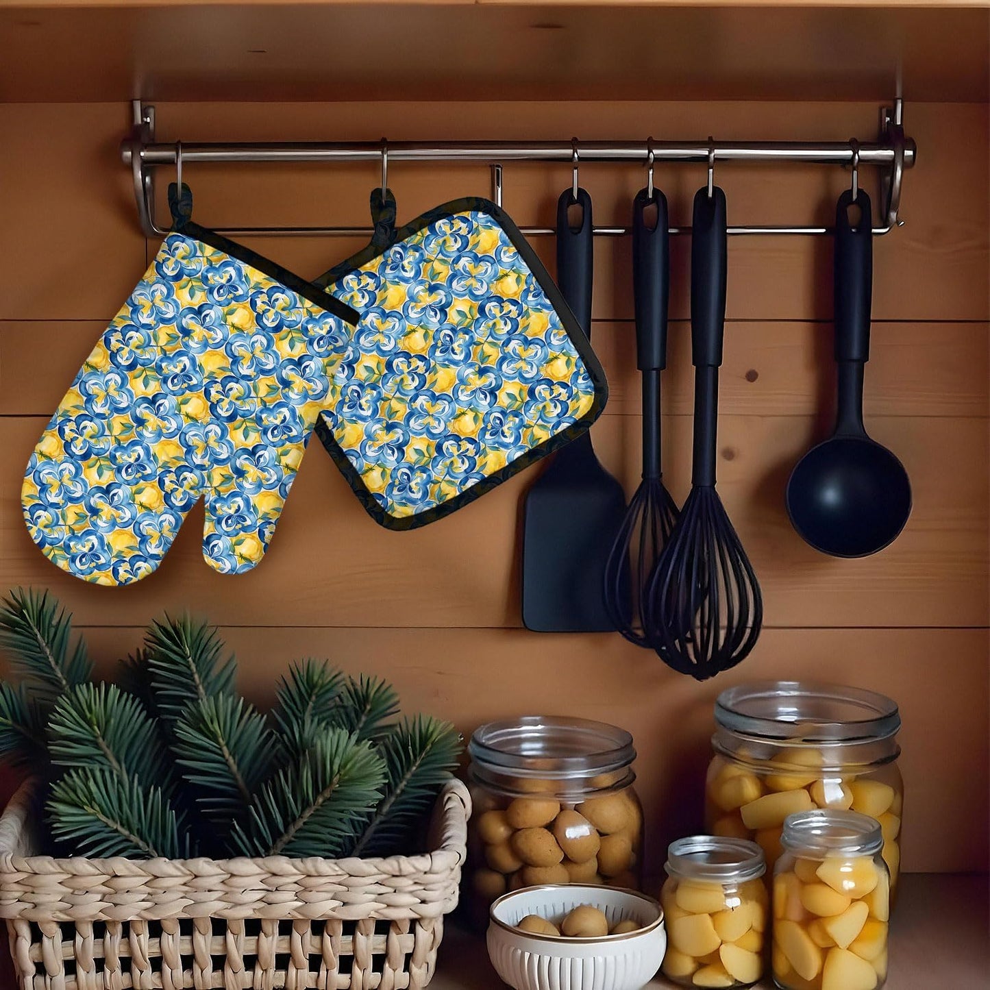 Boho Mediterranean Italian Lemon Oven Mitts and Pot Holders Sets, Lemon Kitchen Decor, Blue and White Azulejo Morocco Tiles Lemons Heat Resistant Oven Gloves Hot Pads for Kitchen Decor