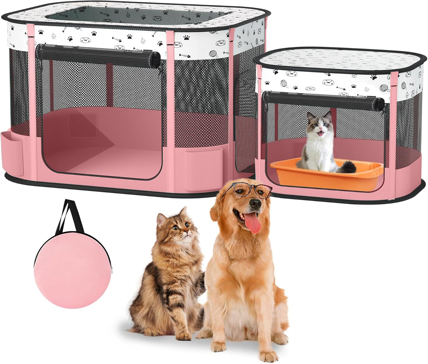 Portable Cat Playpen with litter box area, Foldable Pet Dog Playpen, for Kitten Puppy Play Pen Indoor/Outdoor, Cats Enclosure Cages Tent with Carrying Case, 600D Oxford 8-Rods, 32"x24"x22", Pink