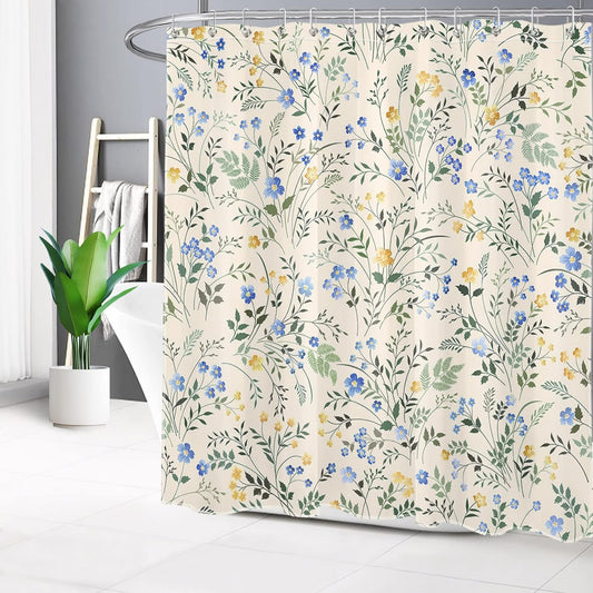 Country Wildflower Shower Curtain Decor,Blue and Yellow Floral Green Leaf Plant on Beige Shower Curtain for Bathroom 72X72 inch Polyester Fabric Bathroom Decoration Bath Curtains Hooks Included