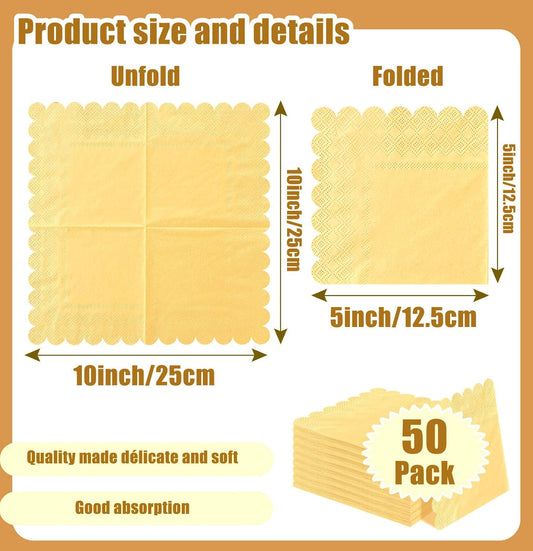 50 Pieces 3-ply Yellow Napkins Disposable Folded 5 x 5 Inches Scalloped Cocktail Napkins Paper Napkins for Dinner Wedding Birthday Party Yellow Dessert Napkin